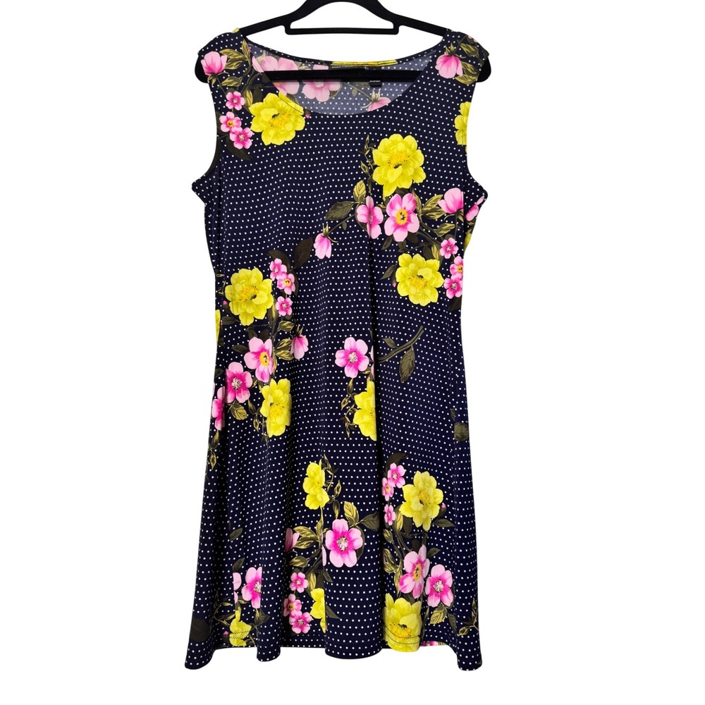 Nina Leonard Navy Polka Dot Floral Sleeveless Knee Length Dress Women's Size‎ M